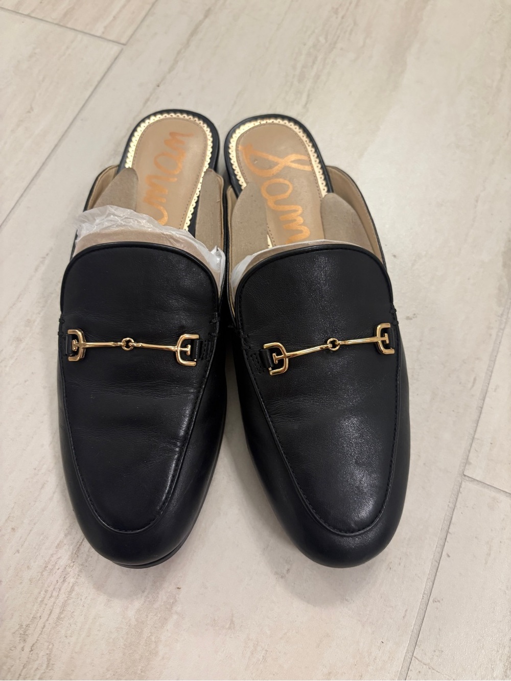 Sam Edelman Black Leather Mules with Gold Horsebit